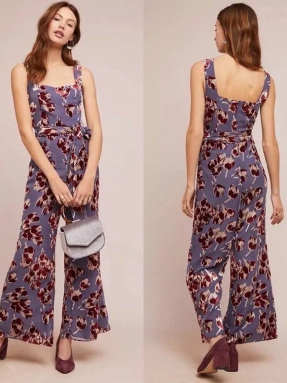 Anthropologie Purple Floral Wide Leg Jumpsuit